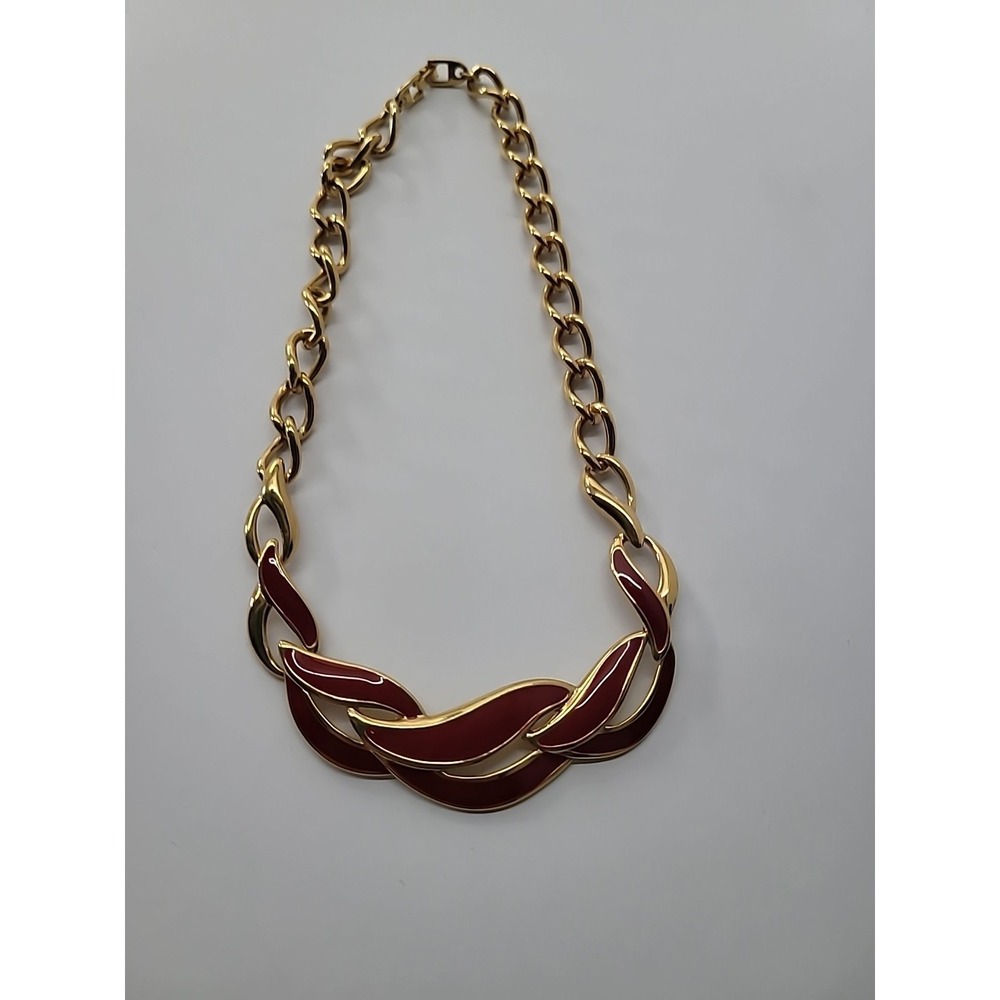Vintage Napier Gold Tone Red Enamel Chunky Link Statement Necklace Jewelry - Picture 8 of 15